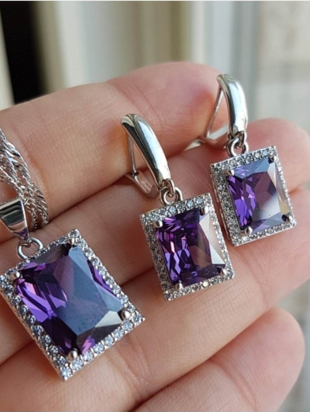 Swarovski Elements 925 Sterling Silver Emerald-cut Amethyst Halo Earrings NEW